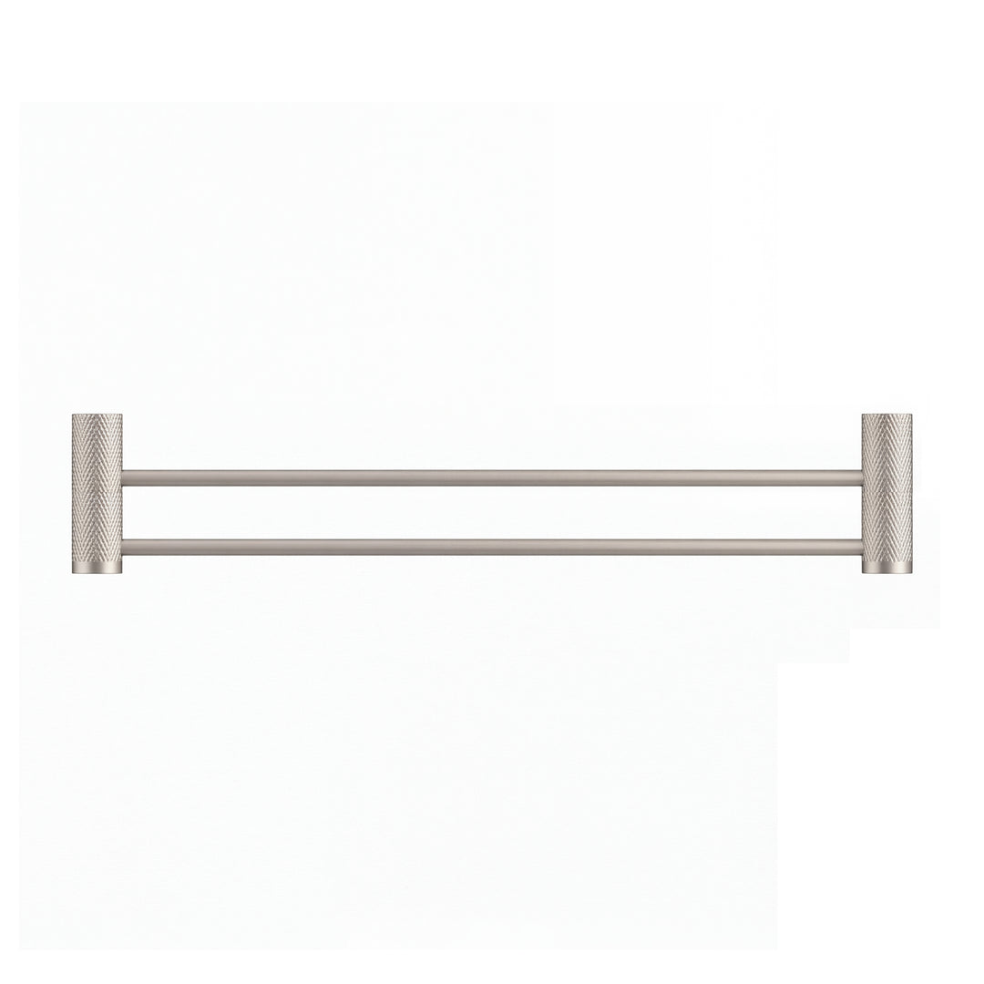 A modern wall-mounted double towel bar in brushed nickel with textured cylindrical wall mounts on either end, shown against a plain white background.