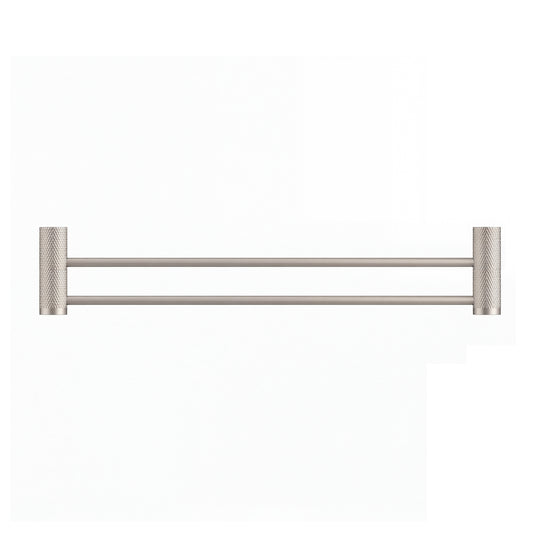A modern wall-mounted double towel bar in brushed nickel with textured cylindrical wall mounts on either end, shown against a plain white background.