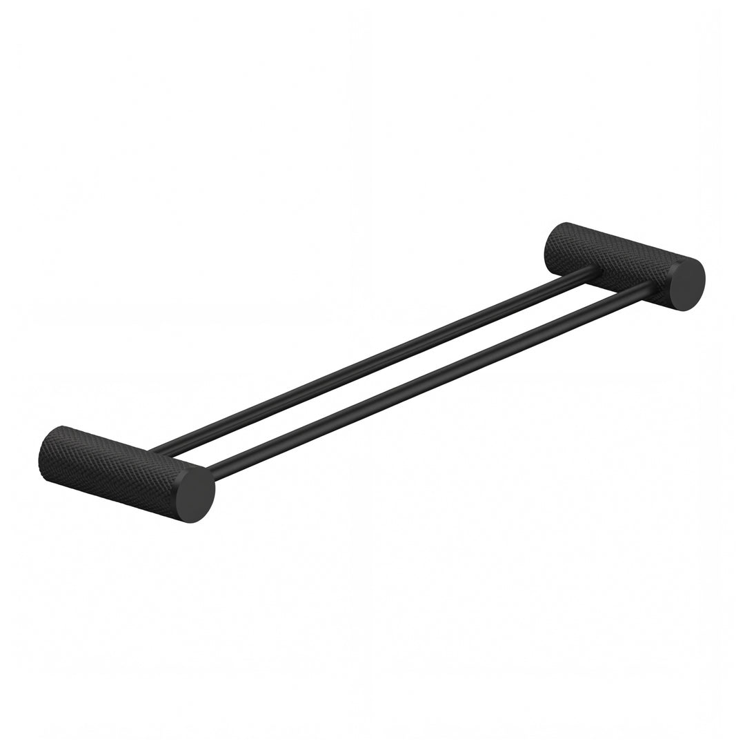 A modern wall-mounted double towel bar in matte black with textured cylindrical wall mounts on either end, shown against a plain white background.