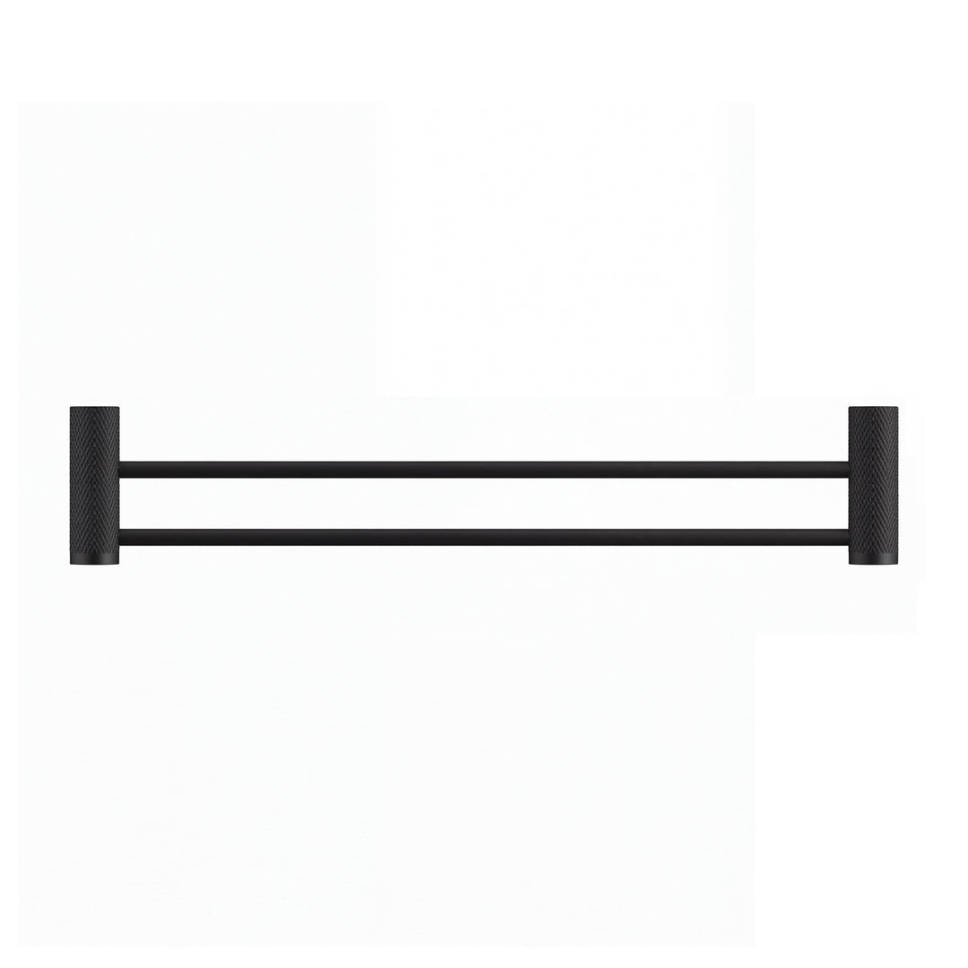 A modern wall-mounted double towel bar in matte black with textured cylindrical wall mounts on either end, shown against a plain white background.