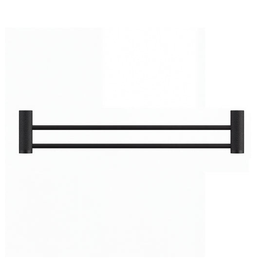 A modern wall-mounted double towel bar in matte black with textured cylindrical wall mounts on either end, shown against a plain white background.