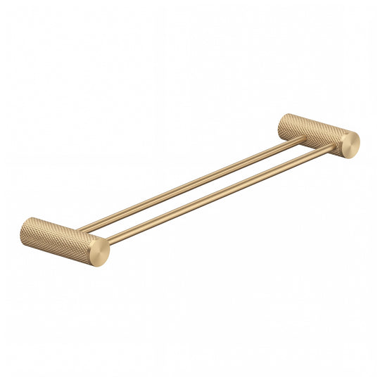 A modern wall-mounted double towel bar in brushed gold with textured cylindrical wall mounts on either end, shown against a plain white background.