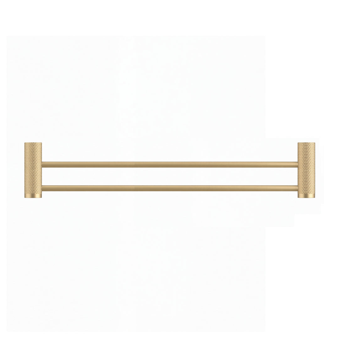 A modern wall-mounted double towel bar in brushed gold with textured cylindrical wall mounts on either end, shown against a plain white background.
