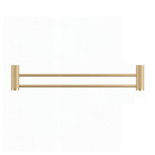 A modern wall-mounted double towel bar in brushed gold with textured cylindrical wall mounts on either end, shown against a plain white background.