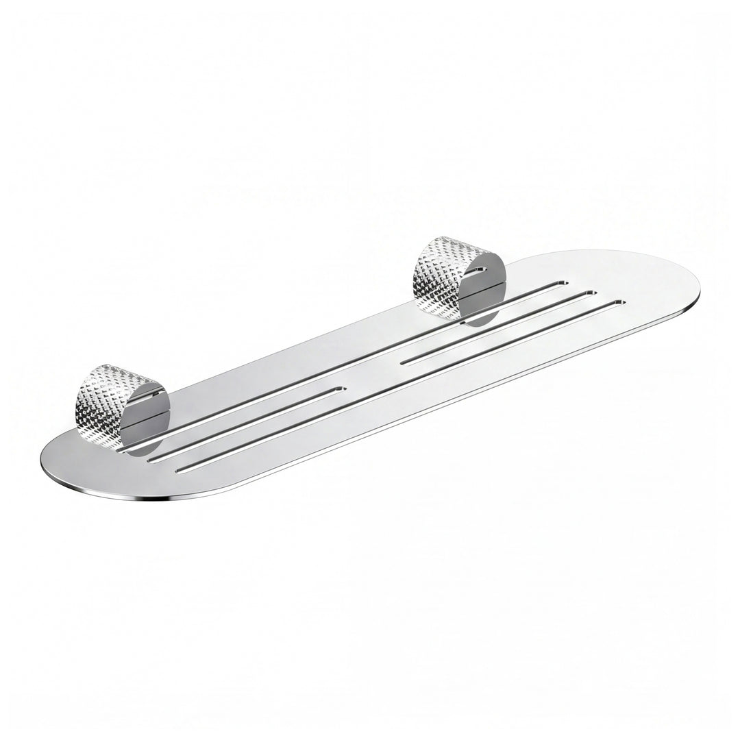 A polished chrome wall-mounted bathroom shelf with two knurled hook holders on a solid white background.