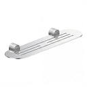 A polished chrome wall-mounted bathroom shelf with two knurled hook holders on a solid white background.