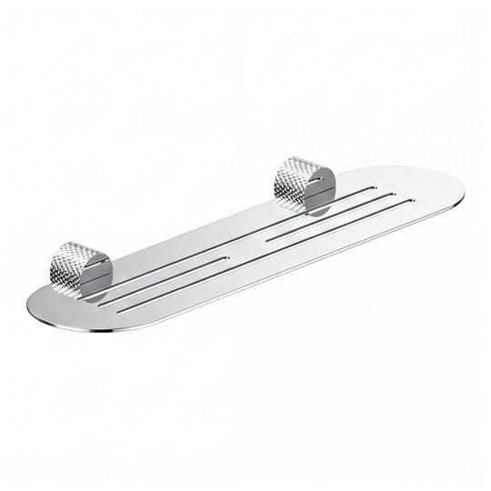 A polished chrome wall-mounted bathroom shelf with two knurled hook holders on a solid white background.