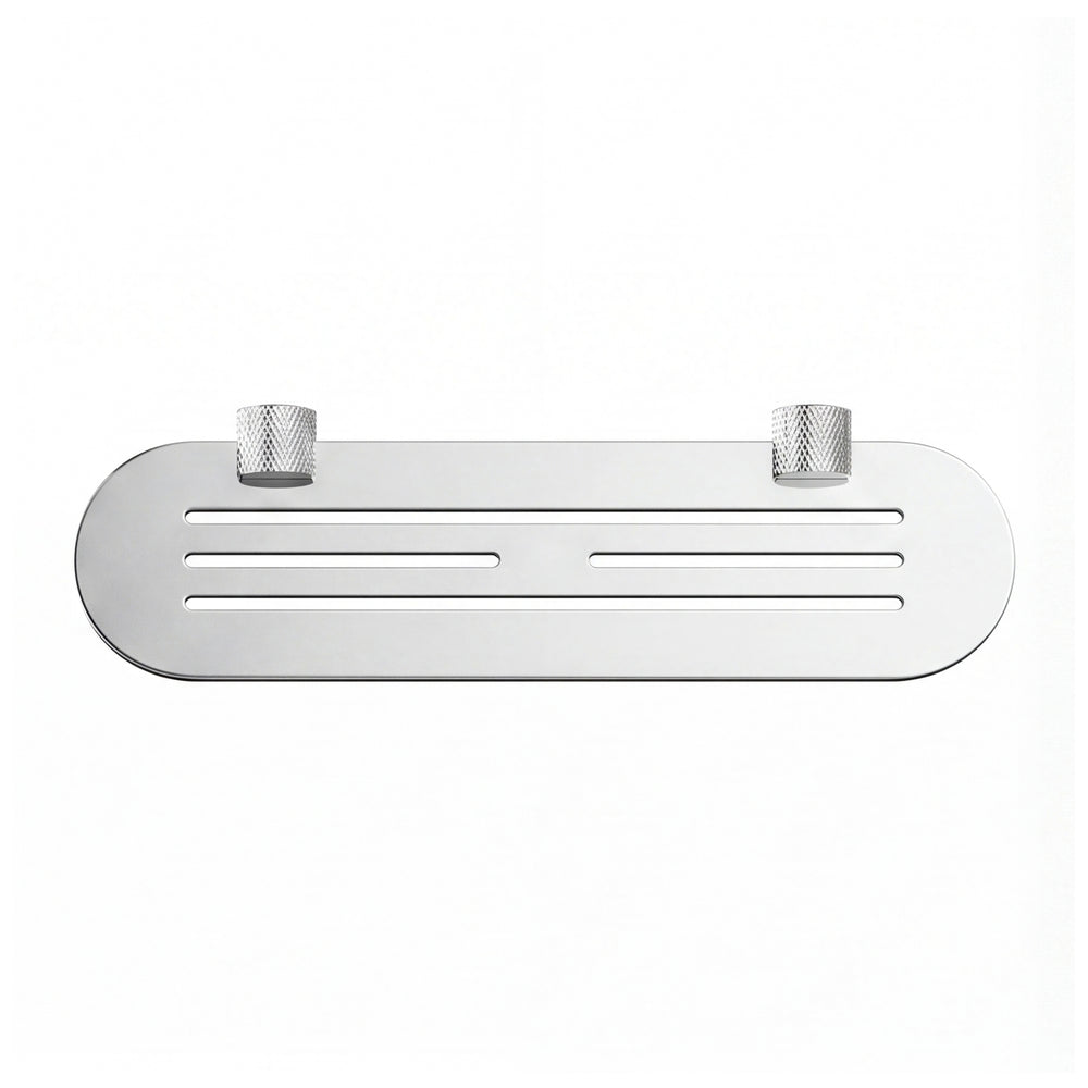 A polished chrome wall-mounted bathroom shelf with two knurled hook holders on a solid white background.