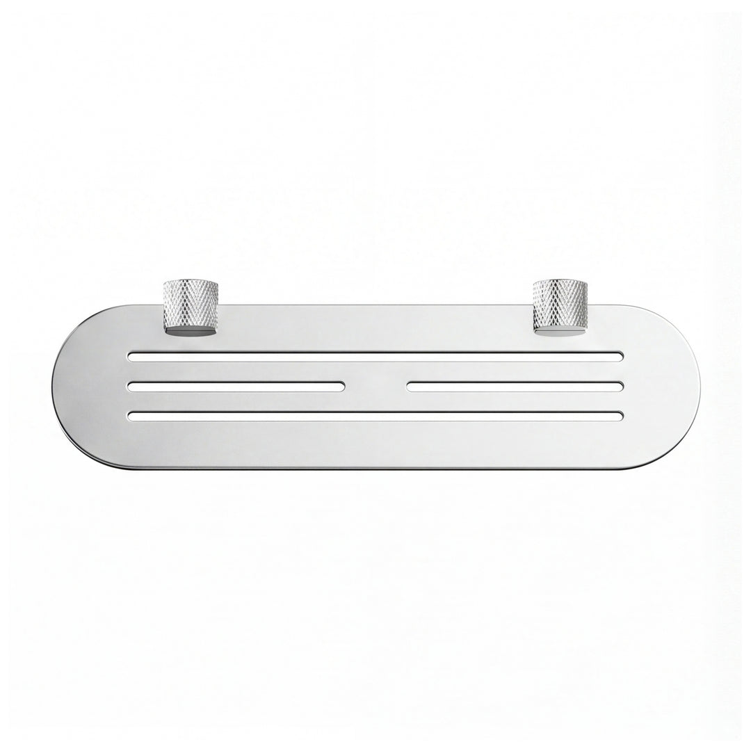 A polished chrome wall-mounted bathroom shelf with two knurled hook holders on a solid white background.