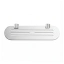 A polished chrome wall-mounted bathroom shelf with two knurled hook holders on a solid white background.