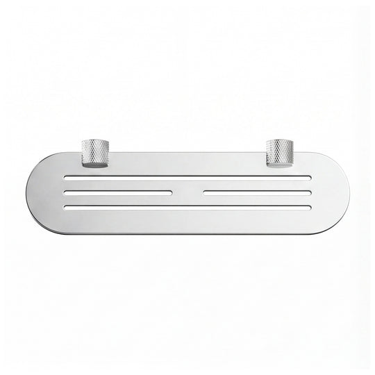 A polished chrome wall-mounted bathroom shelf with two knurled hook holders on a solid white background.