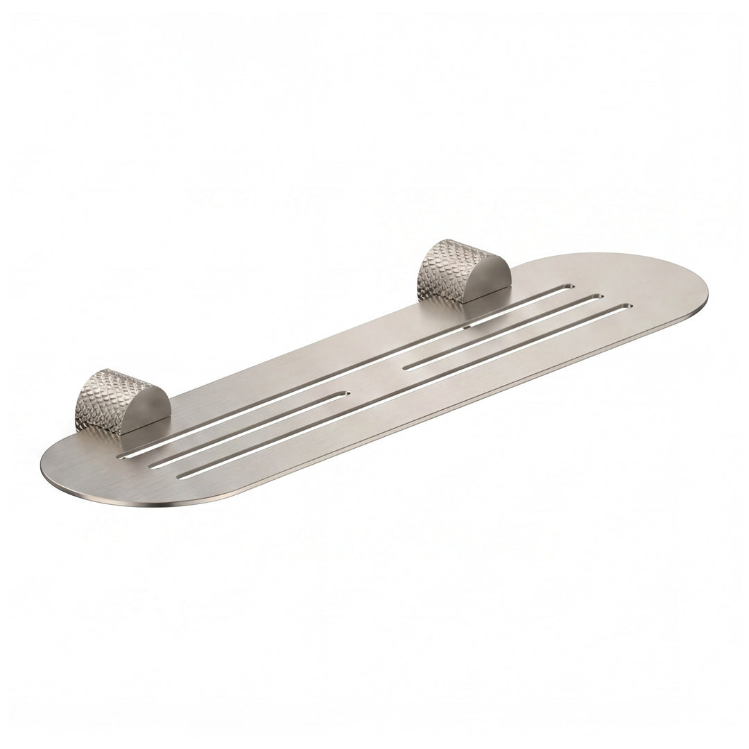 A modern transitional brushed nickel wall-mounted bathroom shelf with two knurled hook holders on a solid white background.