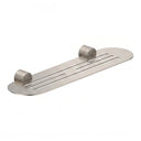 A modern transitional brushed nickel wall-mounted bathroom shelf with two knurled hook holders on a solid white background.