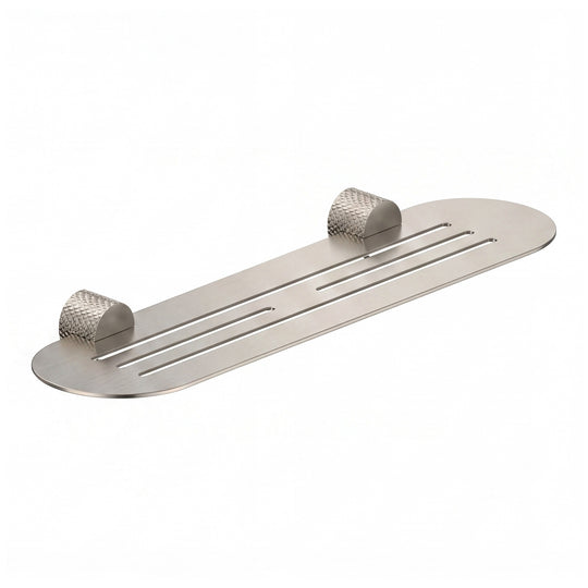 A modern transitional brushed nickel wall-mounted bathroom shelf with two knurled hook holders on a solid white background.