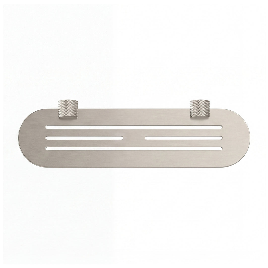 A modern transitional brushed nickel wall-mounted bathroom shelf with two knurled hook holders on a solid white background.