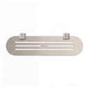 A modern transitional brushed nickel wall-mounted bathroom shelf with two knurled hook holders on a solid white background.