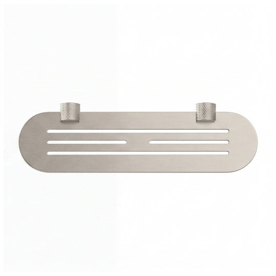 A modern transitional brushed nickel wall-mounted bathroom shelf with two knurled hook holders on a solid white background.