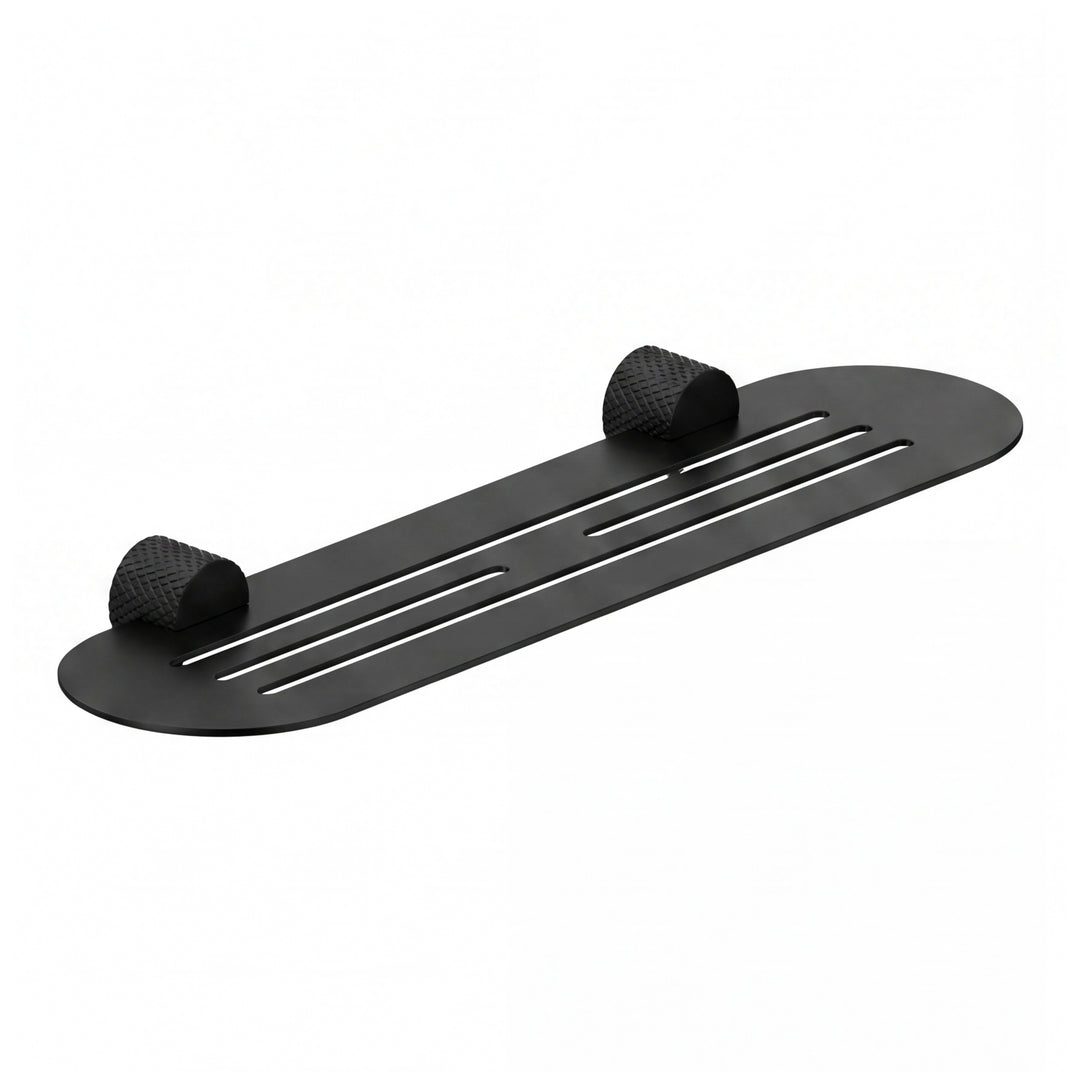 A modern transitional matte black wall-mounted bathroom shelf with two knurled hook holders on a solid white background.