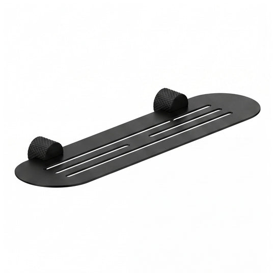 A modern transitional matte black wall-mounted bathroom shelf with two knurled hook holders on a solid white background.