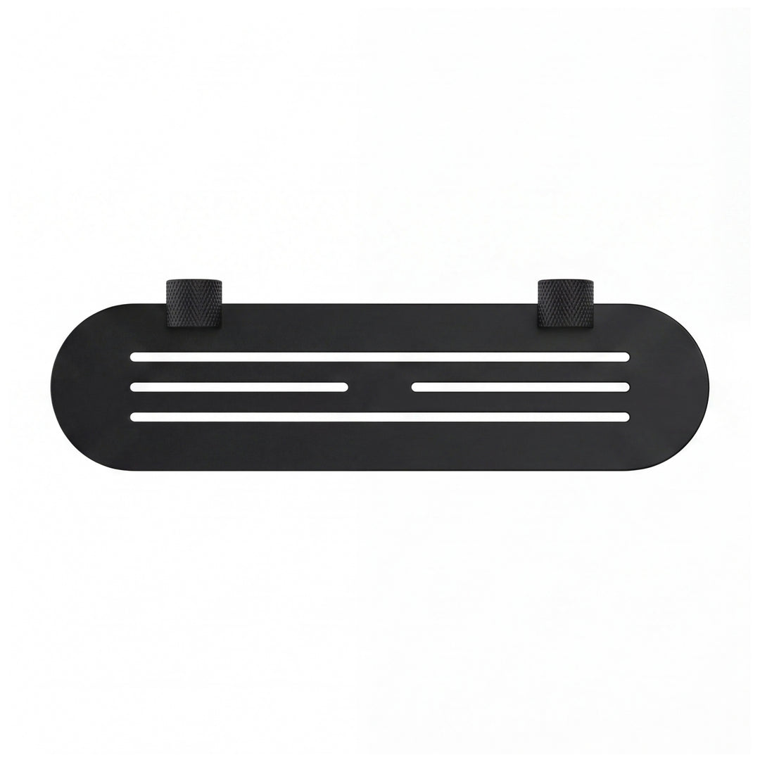 A modern transitional matte black wall-mounted bathroom shelf with two knurled hook holders on a solid white background.