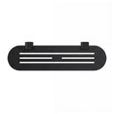 A modern transitional matte black wall-mounted bathroom shelf with two knurled hook holders on a solid white background.