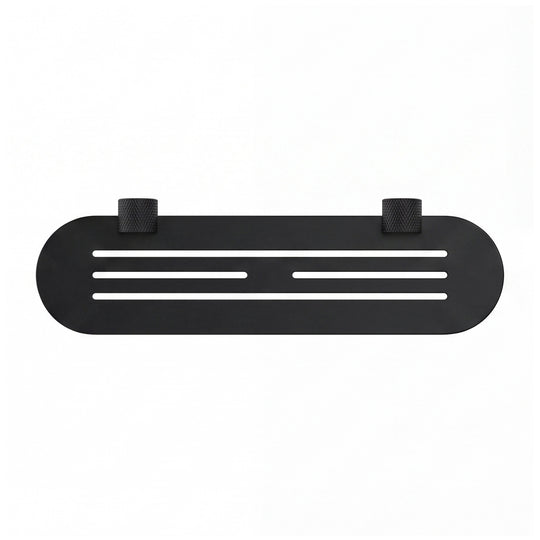 A modern transitional matte black wall-mounted bathroom shelf with two knurled hook holders on a solid white background.