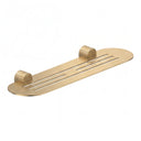 A modern transitional brushed gold wall-mounted bathroom shelf with two knurled hook holders on a solid white background.