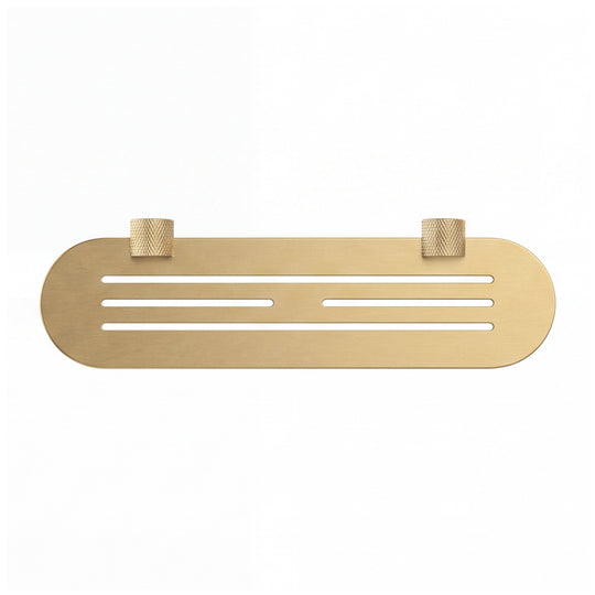 A modern transitional brushed gold wall-mounted bathroom shelf with two knurled hook holders on a solid white background.