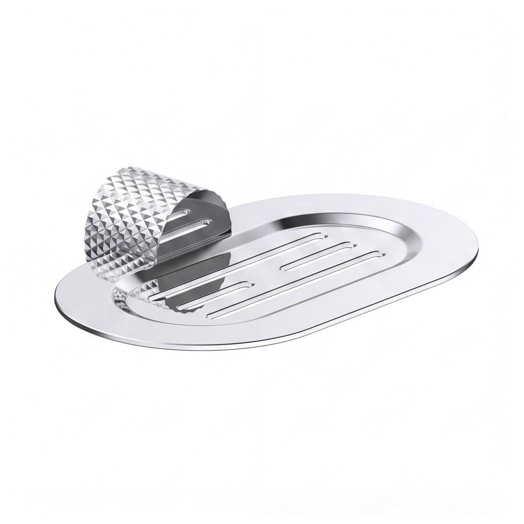 A polished chrome metal oval soap dish with a textured, diamond-patterned hanger, shown on a clean white background.