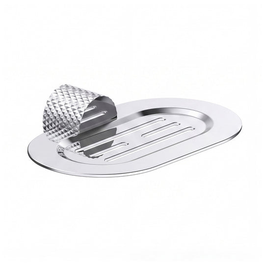 A polished chrome metal oval soap dish with a textured, diamond-patterned hanger, shown on a clean white background.