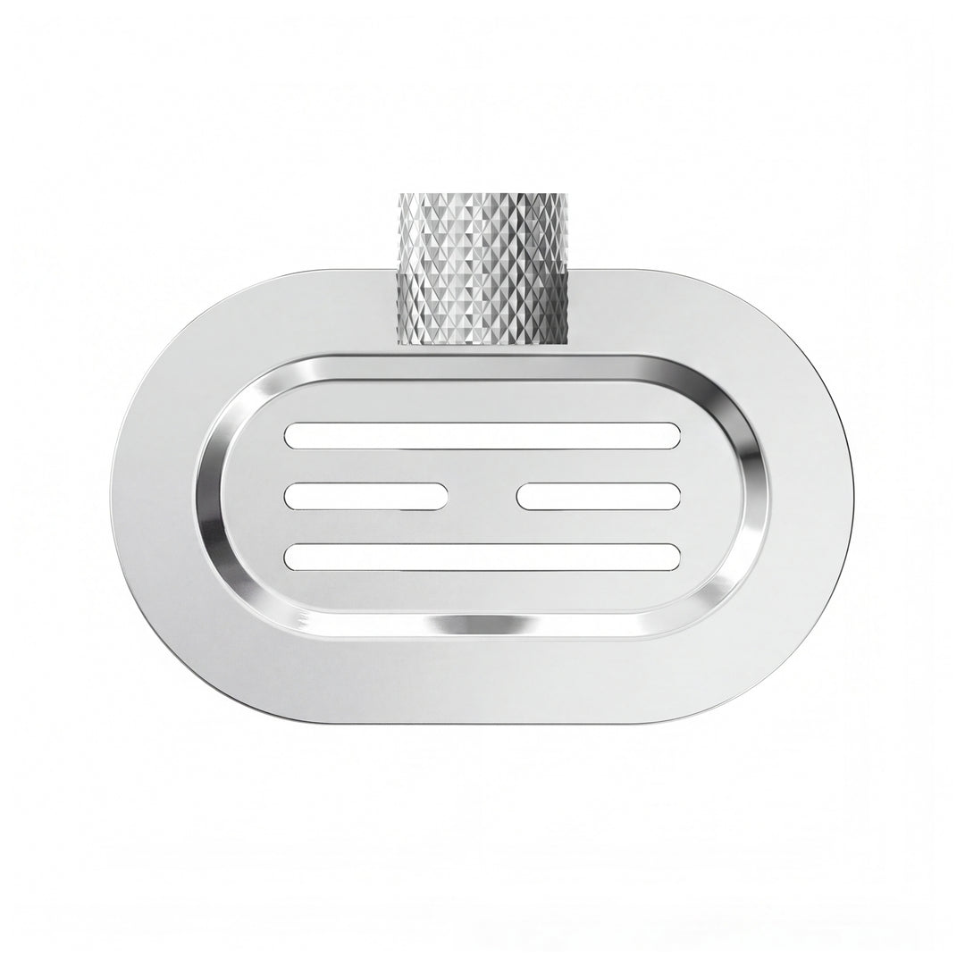 A modern wall-mounted polished chrome metal oval soap dish with a textured, diamond-patterned hanger, shown on a clean white background.