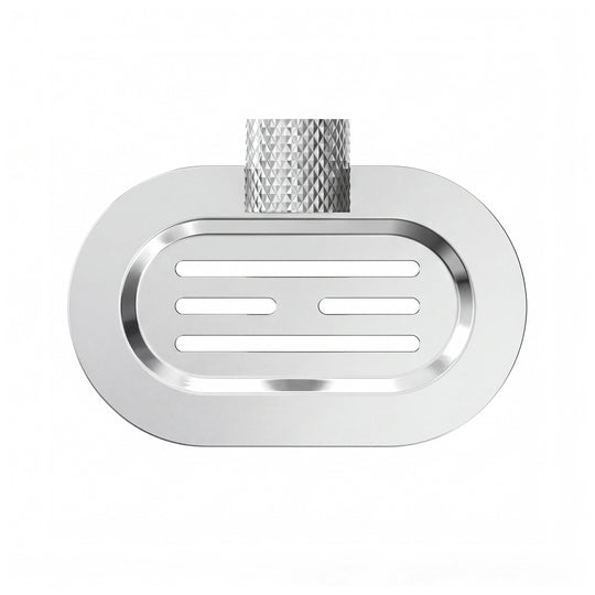 A modern wall-mounted polished chrome metal oval soap dish with a textured, diamond-patterned hanger, shown on a clean white background.