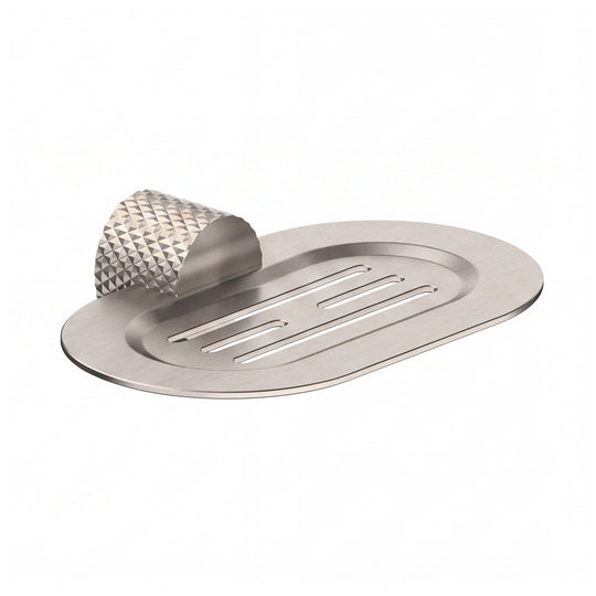 A modern wall-mounted brushed nickel metal oval soap dish with a textured, diamond-patterned hanger, shown on a clean white background.