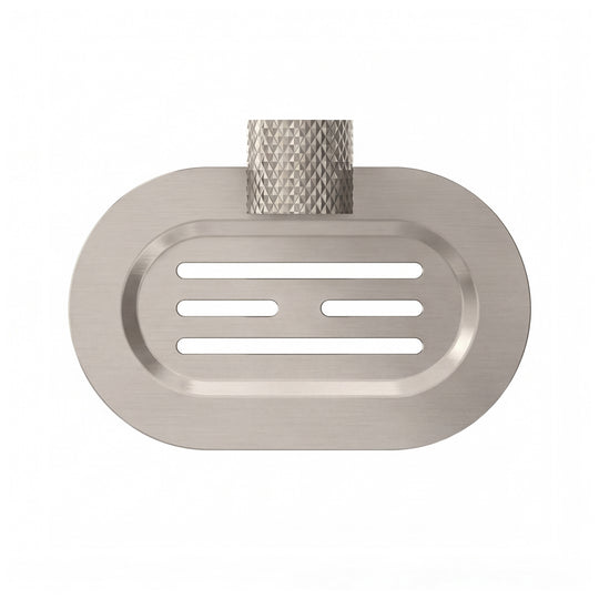 A modern wall-mounted brushed nickel metal oval soap dish with a textured, diamond-patterned hanger, shown on a clean white background.