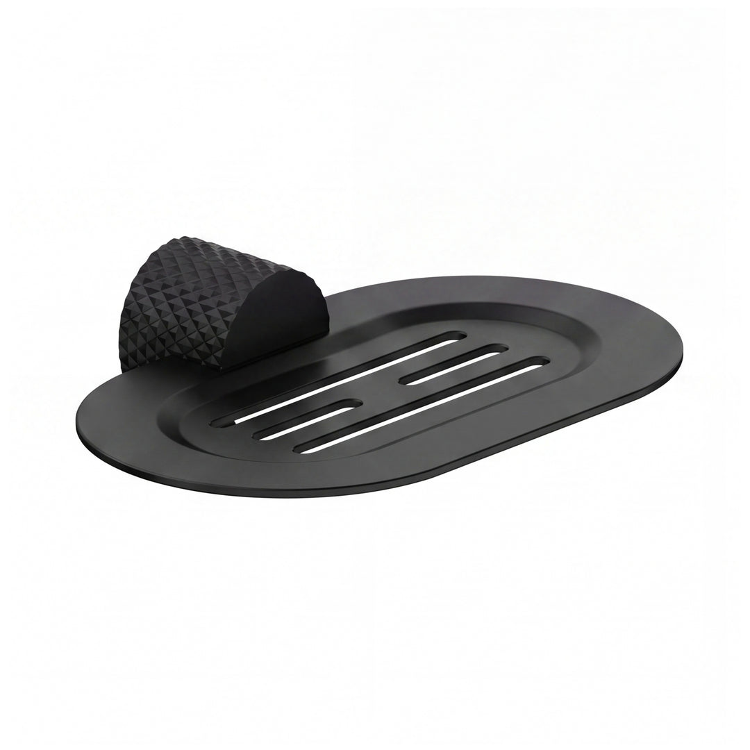 A modern wall-mounted matte black metal oval soap dish with a textured, diamond-patterned hanger, shown on a clean white background.