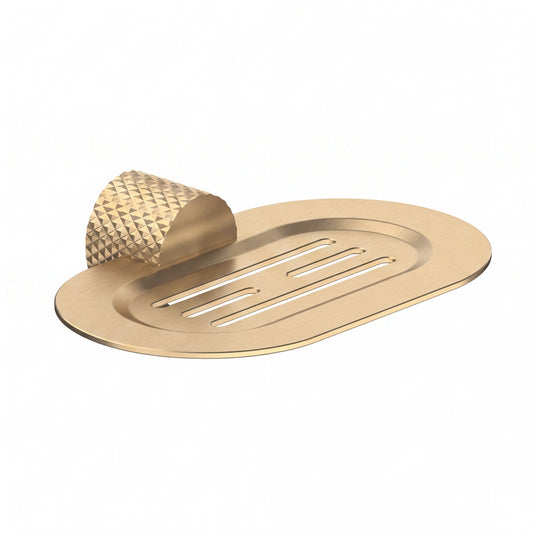 A modern wall-mounted brushed gold metal oval soap dish with a textured, diamond-patterned hanger, shown on a clean white background.