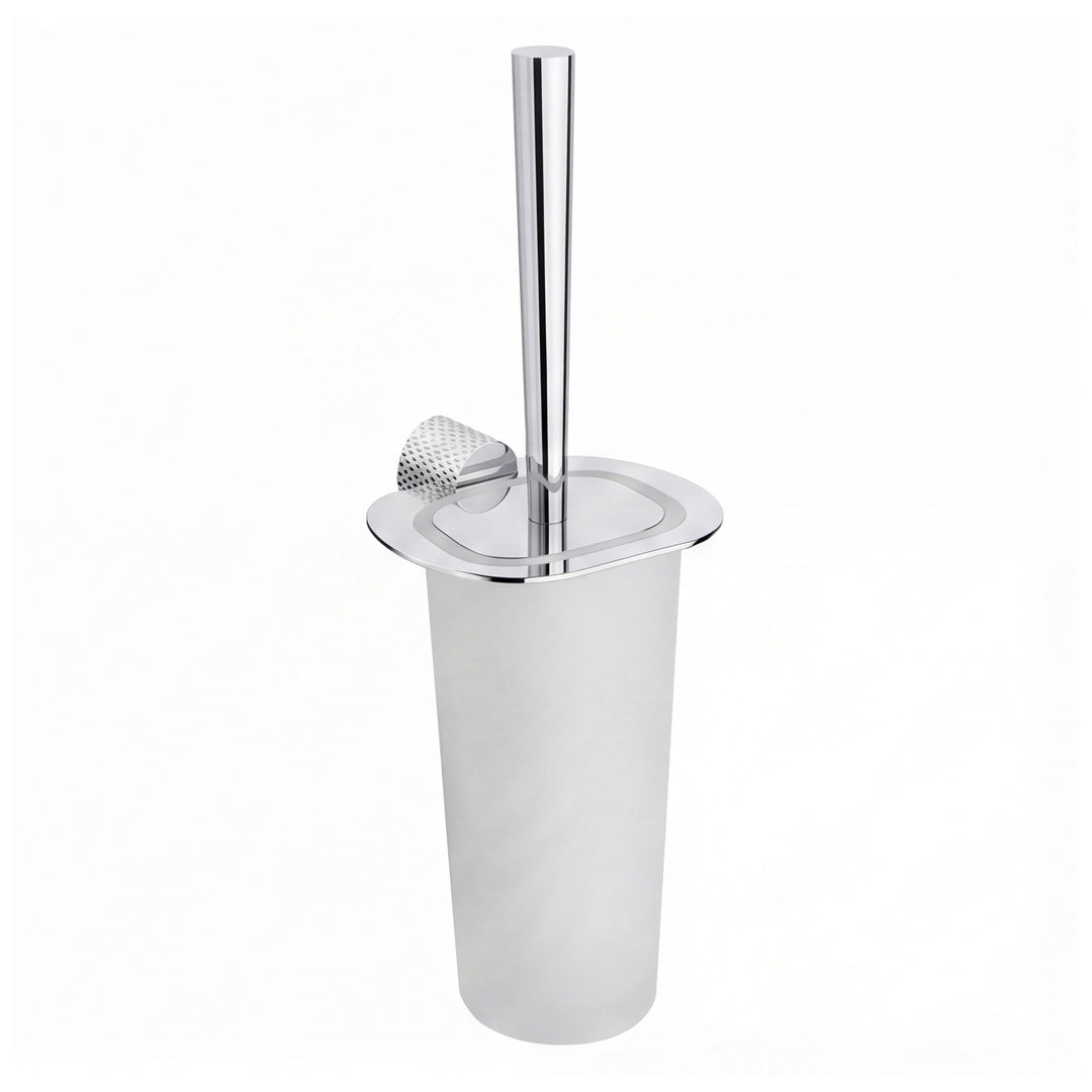 A modern wall mounted toilet brush with a polished chrome metal handle, base, and lid, set against a plain white background.