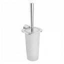 A modern wall mounted toilet brush with a polished chrome metal handle, base, and lid, set against a plain white background.