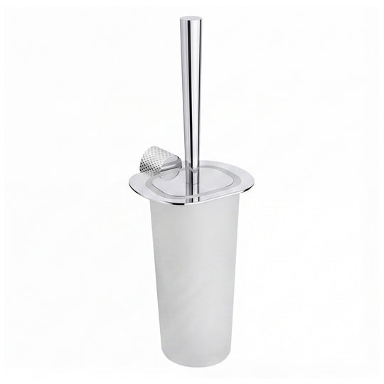 A modern wall mounted toilet brush with a polished chrome metal handle, base, and lid, set against a plain white background.