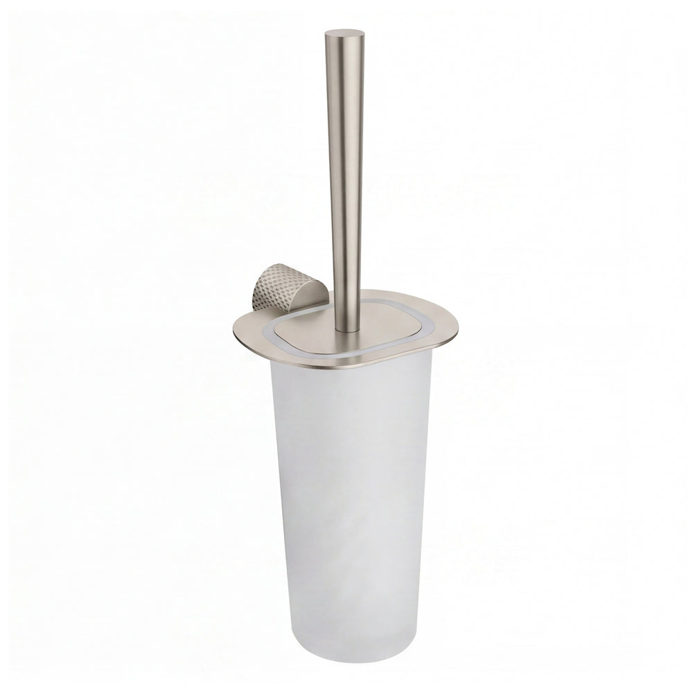 A modern wall mounted toilet brush with a brushed nickel metal handle, base, and lid, set against a plain white background.