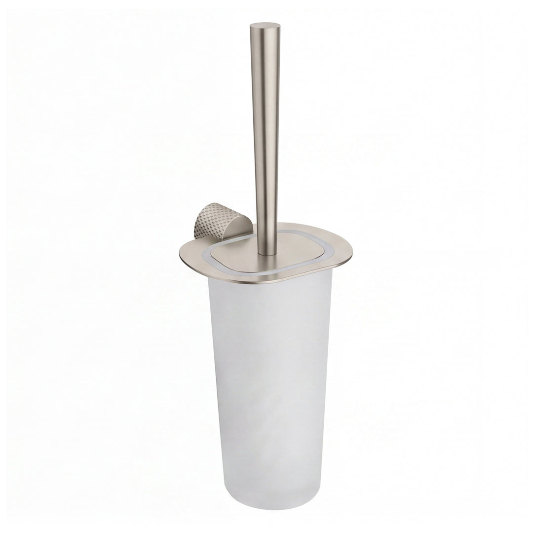 A modern wall mounted toilet brush with a brushed nickel metal handle, base, and lid, set against a plain white background.