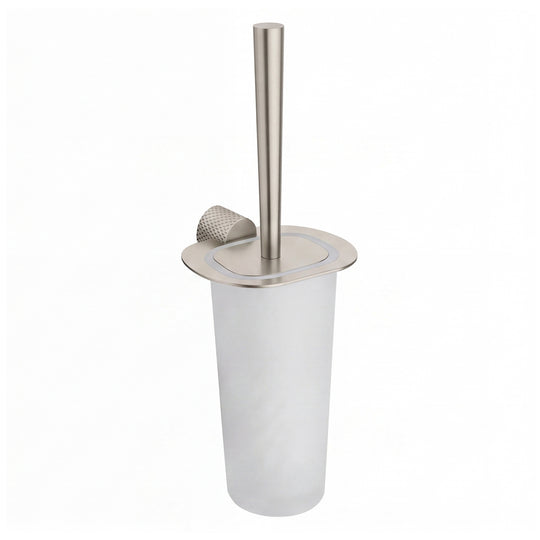 A modern wall mounted toilet brush with a brushed nickel metal handle, base, and lid, set against a plain white background.