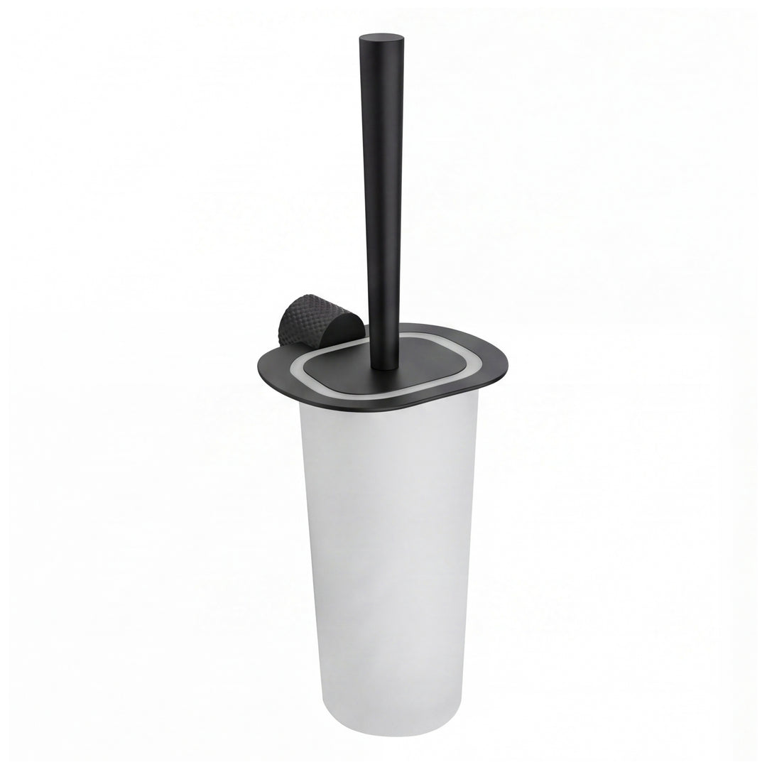 A modern wall mounted toilet brush with a matte black metal handle, base, and lid, set against a plain white background.