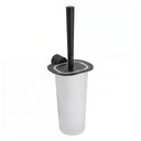 A modern wall mounted toilet brush with a matte black metal handle, base, and lid, set against a plain white background.