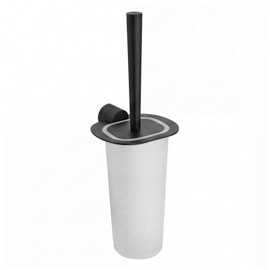 A modern wall mounted toilet brush with a matte black metal handle, base, and lid, set against a plain white background.