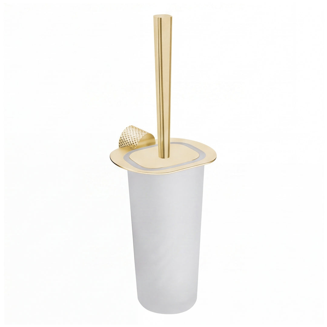 A modern wall mounted toilet brush with a brushed gold metal handle, base, and lid, set against a plain white background.
