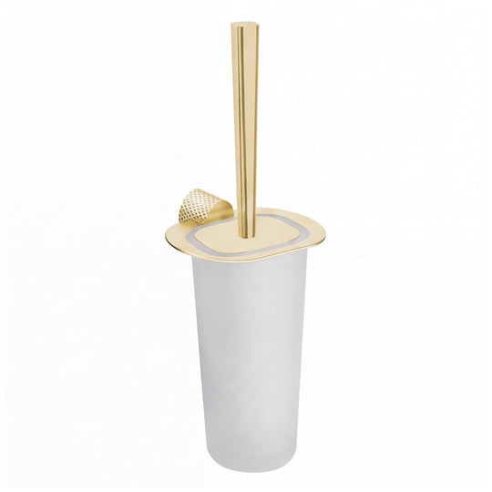 A modern wall mounted toilet brush with a brushed gold metal handle, base, and lid, set against a plain white background.