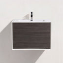 A modern wall-mounted bathroom vanity with a white rectangular basin and a dark brown graphite wood-grain front, featuring a chrome faucet, set against a light beige wall.