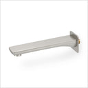 Modern brushed nickel wall mount bathtub spout with a white background