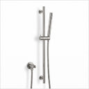 A modern wall-mounted shower system with a vertical slide bar, handheld shower head, and separate hose fixture, shown in a matte metallic finish against a plain white background.